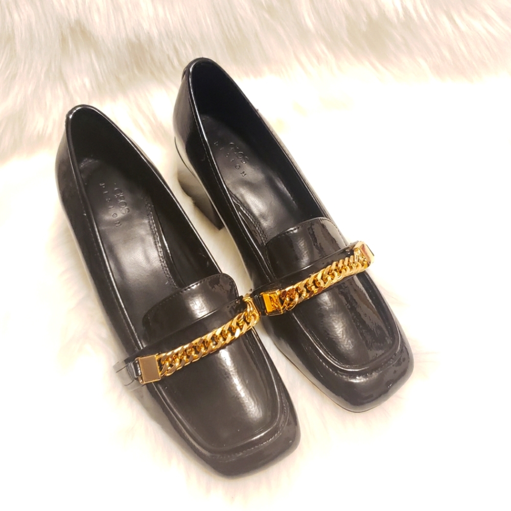 ASOS DESIGN Wide Fit Sinclair square toe loafers in Black Patent Size 8